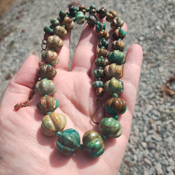 Jay King DTR mine finds green brown carved Turquoise necklace copper clasp - Picture 1 of 9